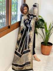 Black Ajrakh Handblock Printed Organza Dupatta with Banarasi Border - Masakalee