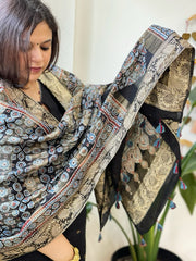 Black Ajrakh Handblock Printed Organza Dupatta with Banarasi Border - Masakalee
