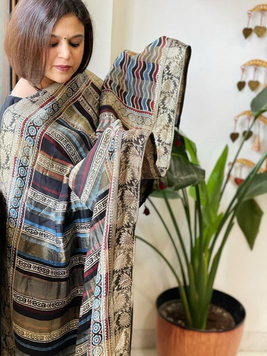 Black Ajrakh Handblock Printed Organza Dupatta with Banarasi Border - Masakalee