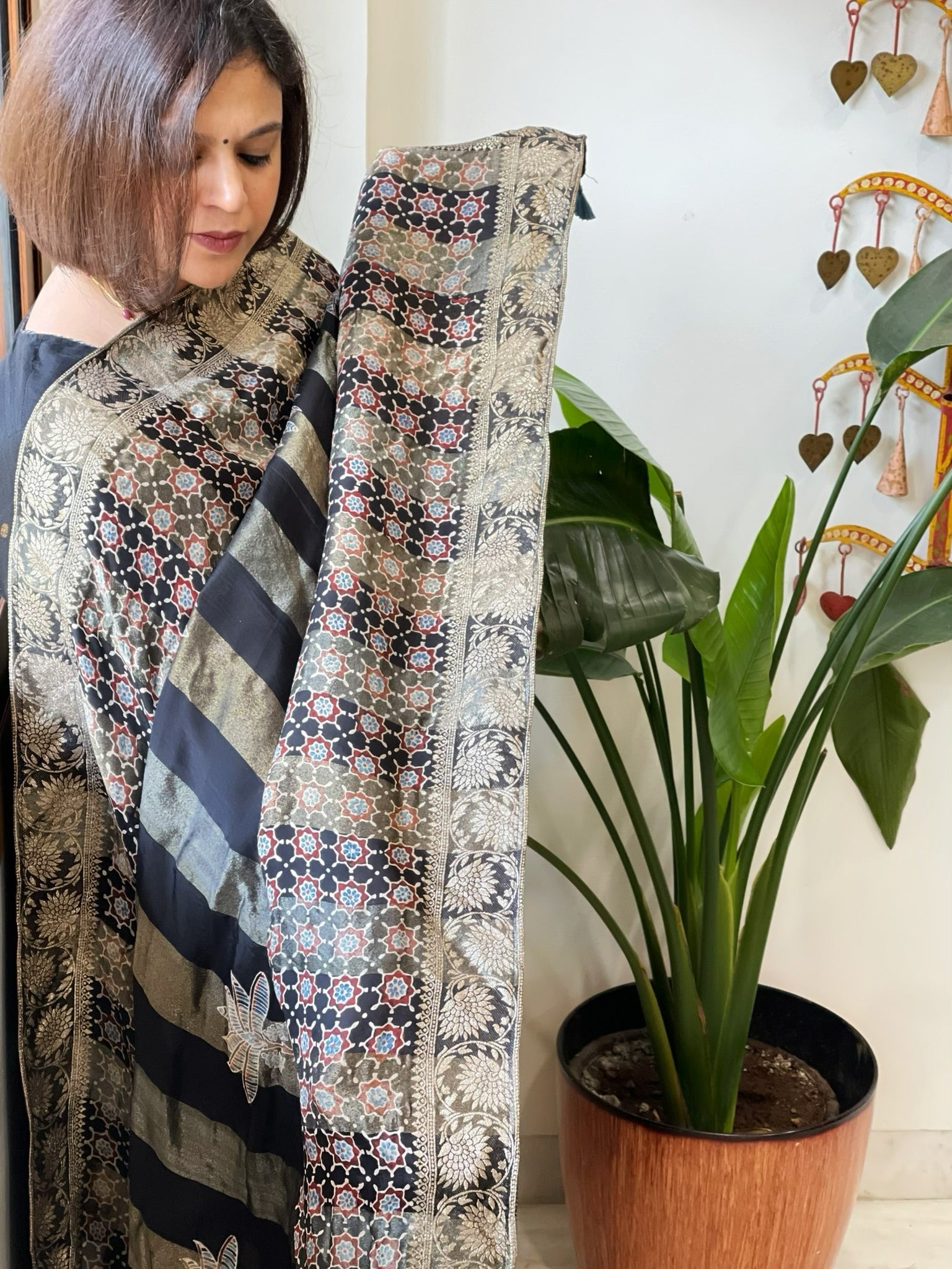 Black Ajrakh Handblock Printed Organza Dupatta with Banarasi Border - Masakalee
