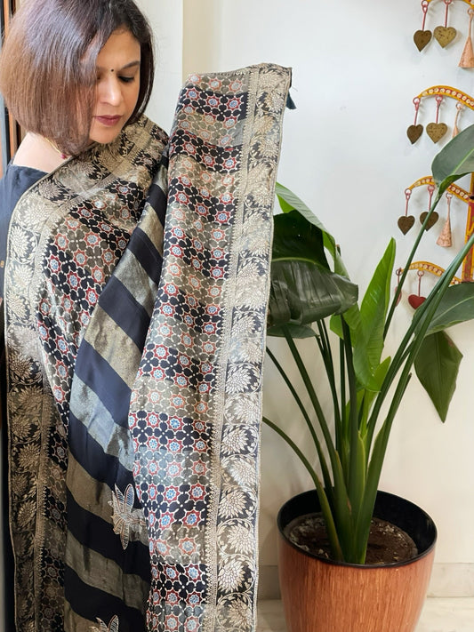 Black Ajrakh Handblock Printed Organza Dupatta with Banarasi Border - Masakalee