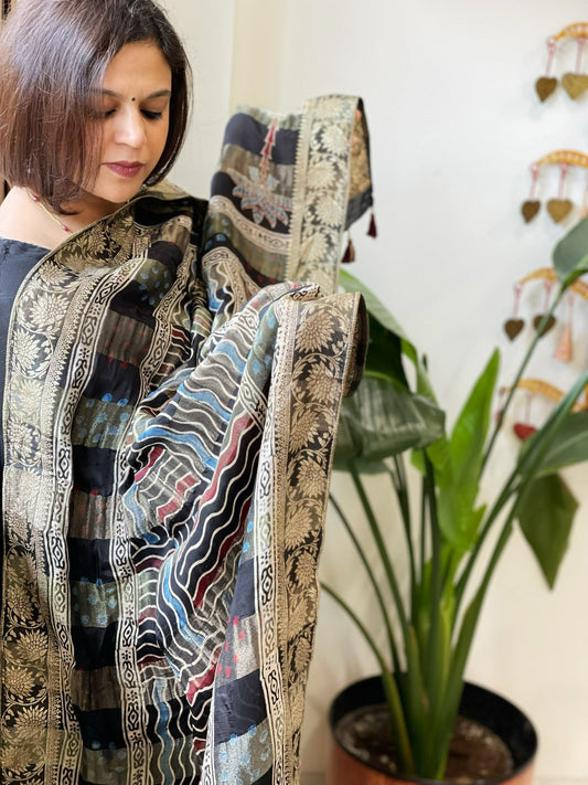 Black Ajrakh Handblock Printed Organza Dupatta with Banarasi Border - Masakalee