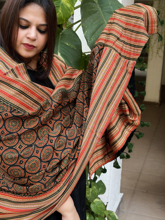 Black Ajrakh Handblock Printed Silk - Woollen Shawl - Masakalee
