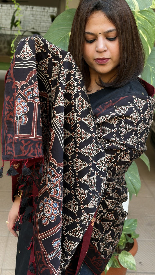 Black Ajrakh Handblock Printed Silk - Woollen Shawl - Masakalee