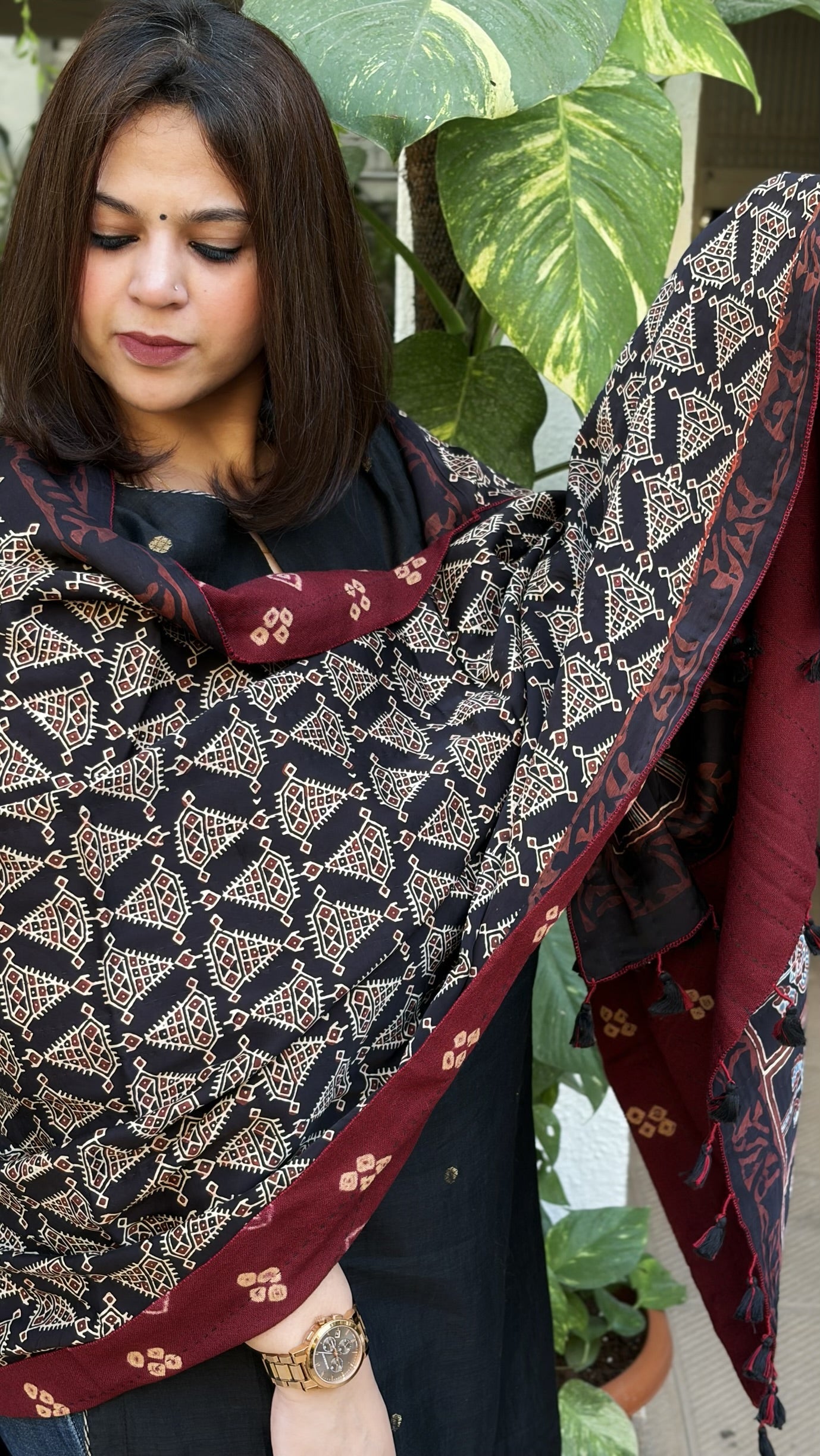 Black Ajrakh Handblock Printed Silk - Woollen Shawl - Masakalee