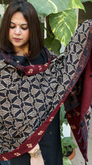 Black Ajrakh Handblock Printed Silk - Woollen Shawl - Masakalee