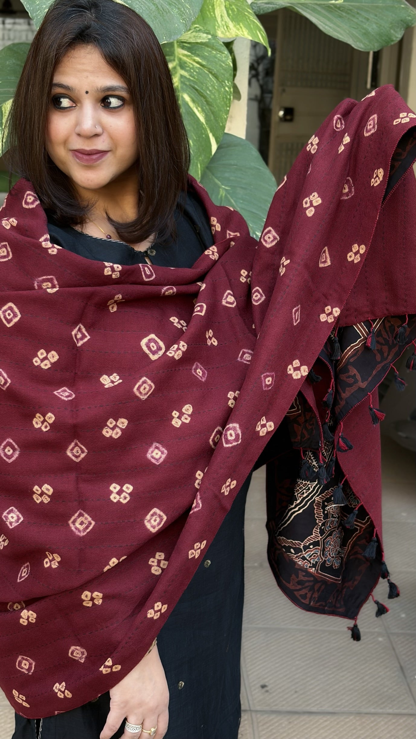 Black Ajrakh Handblock Printed Silk - Woollen Shawl - Masakalee