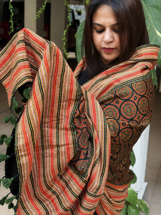 Black Ajrakh Handblock Printed Silk - Woollen Shawl - Masakalee