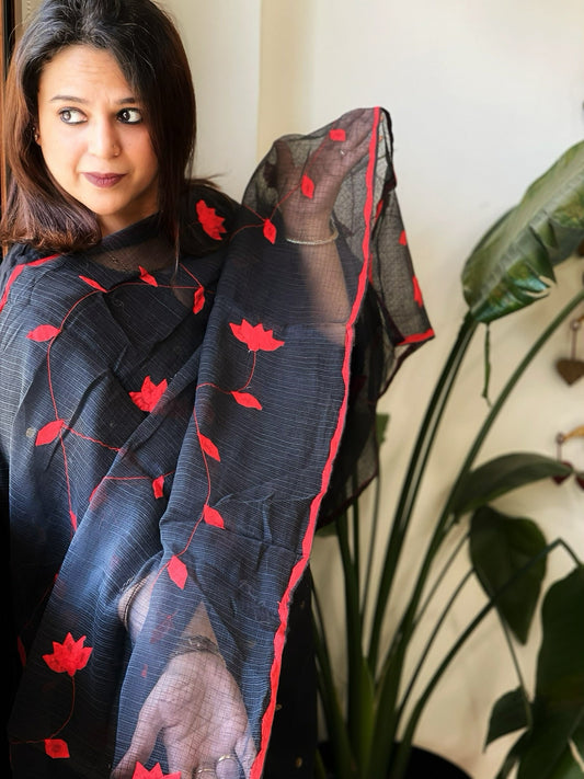 Black Applique handwork Dupatta in Kota Cotton - Masakalee