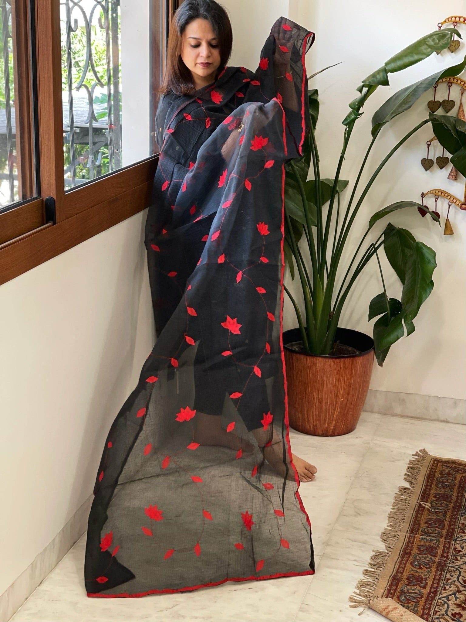 Black Applique handwork Dupatta in Kota Cotton - Masakalee