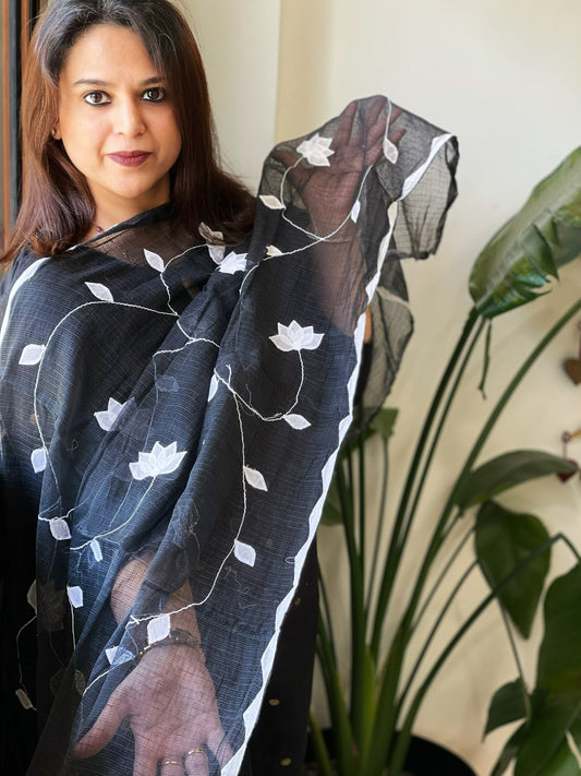 Black Applique handwork Dupatta in Kota Cotton - Masakalee