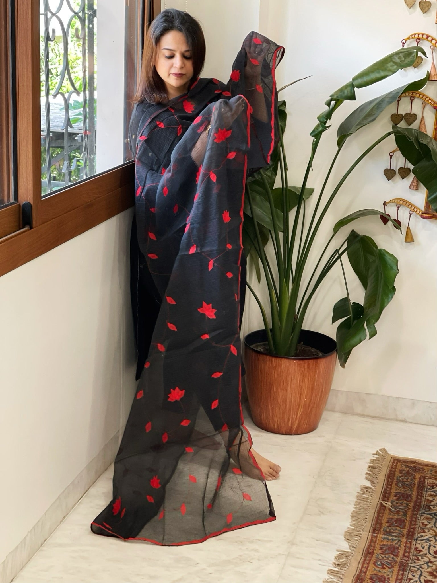 Black Applique handwork Dupatta in Kota Cotton - Masakalee