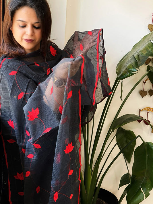 Black Applique handwork Dupatta in Kota Cotton - Masakalee