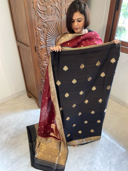 Black Banarasi Suit Set in Pure Raw Silk with Pure Organza Zari Dupatta - Masakalee