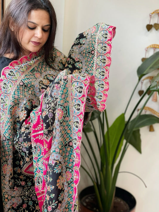 Black Chinon Dupatta with Aari Embroidery - Masakalee