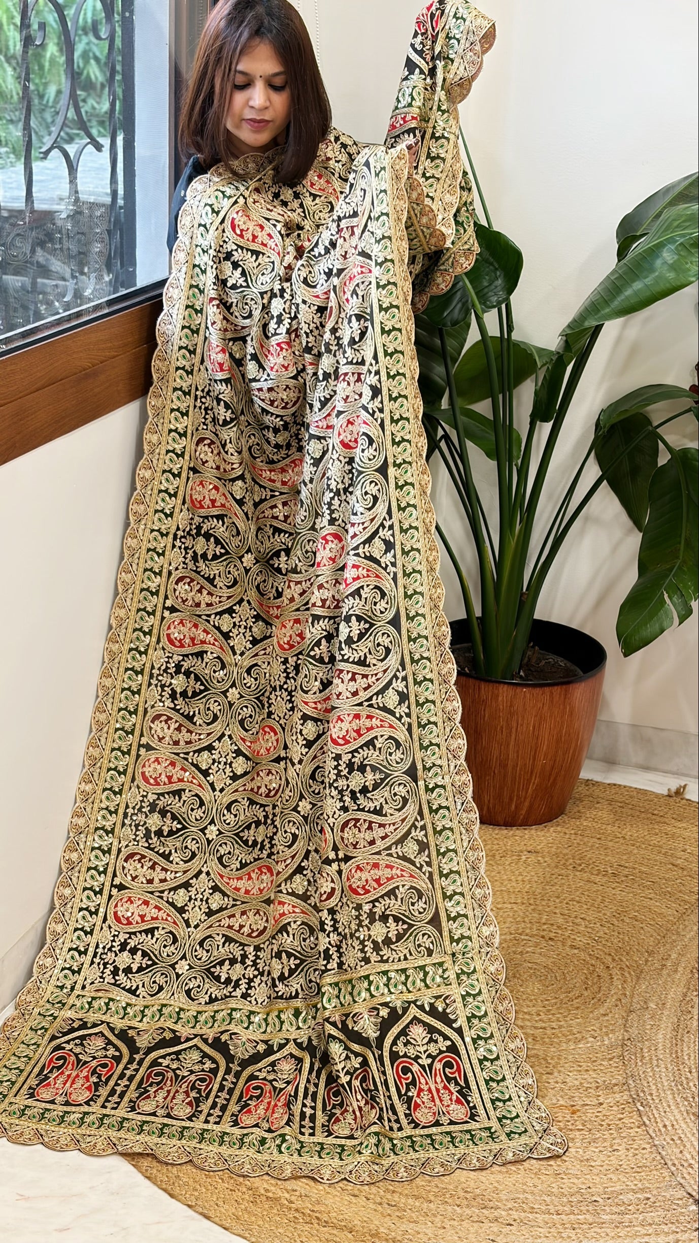 Black Chinon Dupatta with Aari Embroidery - Masakalee