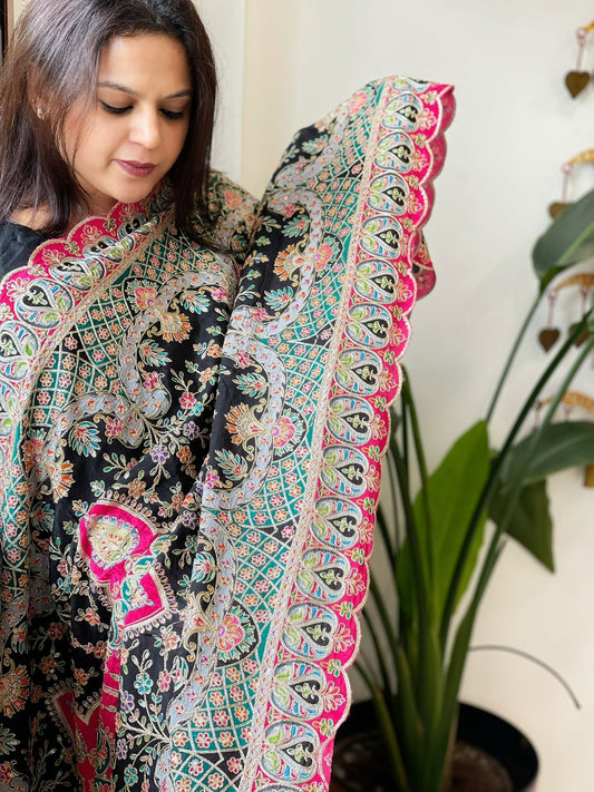 Black Chinon Dupatta with Aari Embroidery - Masakalee