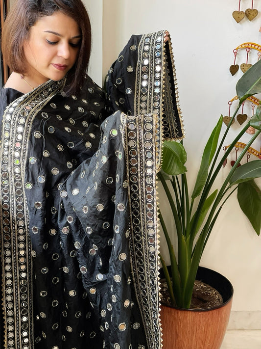 Black Crepe Dupatta with Mirror and Cut Daana Work with Gota Lace Border - Masakalee