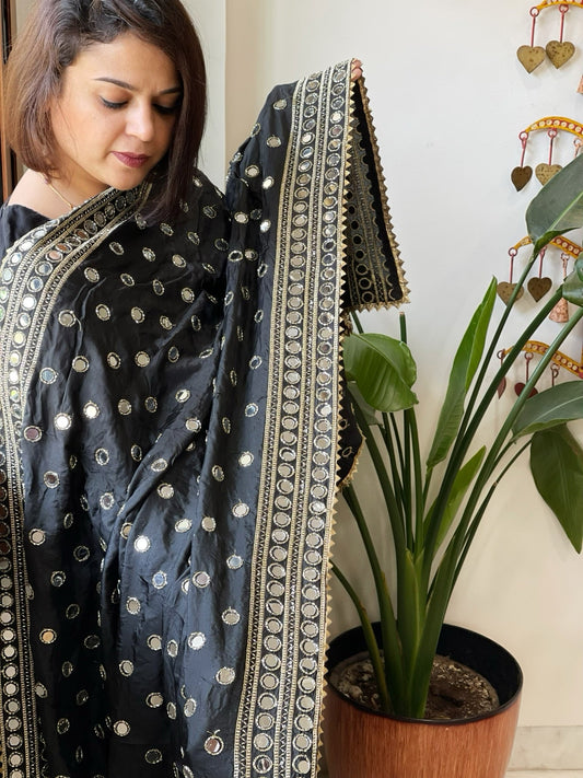 Black Crepe Dupatta with Mirror and Cut Daana Work with Gota Lace Border - Masakalee