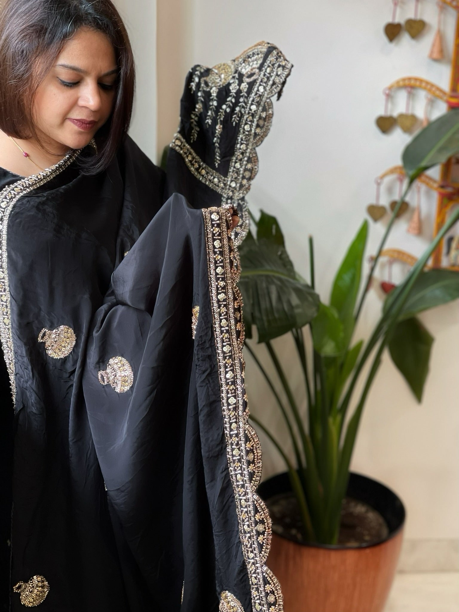 Black Crepe Dupatta with Pearl, Cut Daana, Gold Thread & Sequin Embroidery - Masakalee