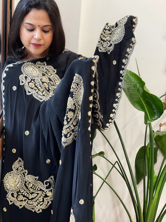 Black Crepe Dupatta with Pearl, Cut Daana, Gold Thread & Sequin Embroidery - Masakalee