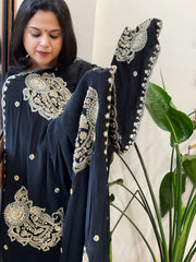 Black Crepe Dupatta with Pearl, Cut Daana, Gold Thread & Sequin Embroidery - Masakalee