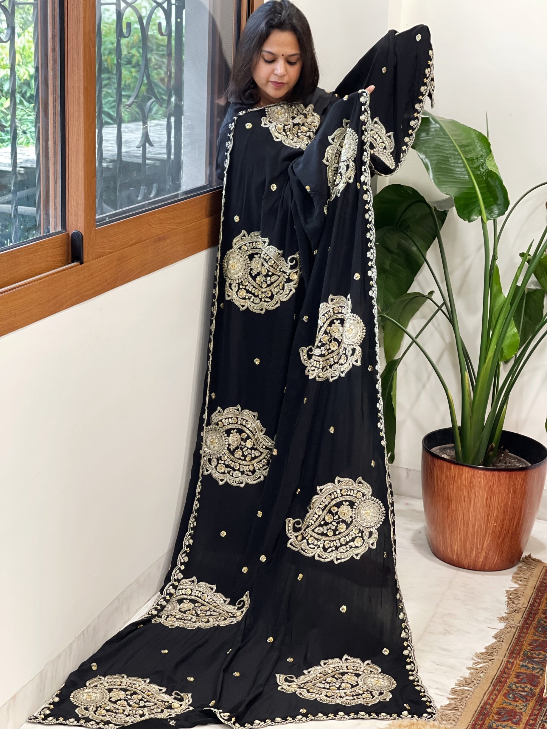 Black Crepe Dupatta with Pearl, Cut Daana, Gold Thread & Sequin Embroidery - Masakalee