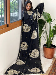 Black Crepe Dupatta with Pearl, Cut Daana, Gold Thread & Sequin Embroidery - Masakalee
