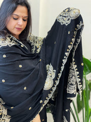 Black Crepe Dupatta with Pearl, Cut Daana, Gold Thread & Sequin Embroidery - Masakalee