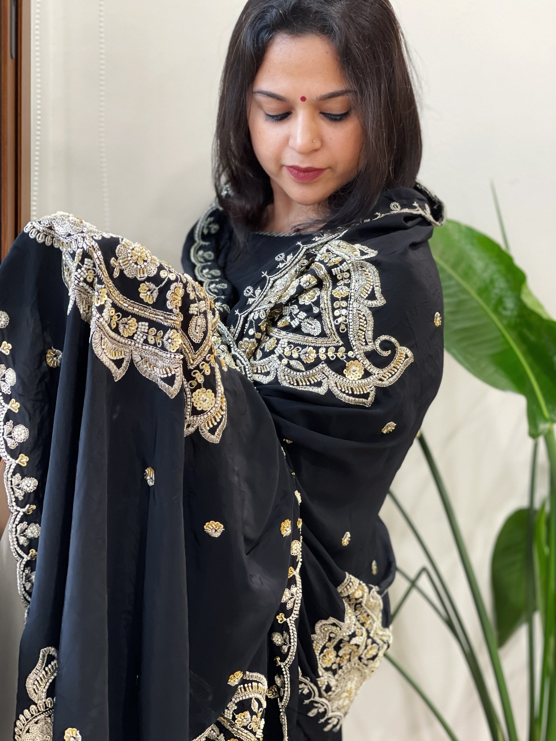 Black Crepe Dupatta with Pearl, Cut Daana, Gold Thread & Sequin Embroidery - Masakalee