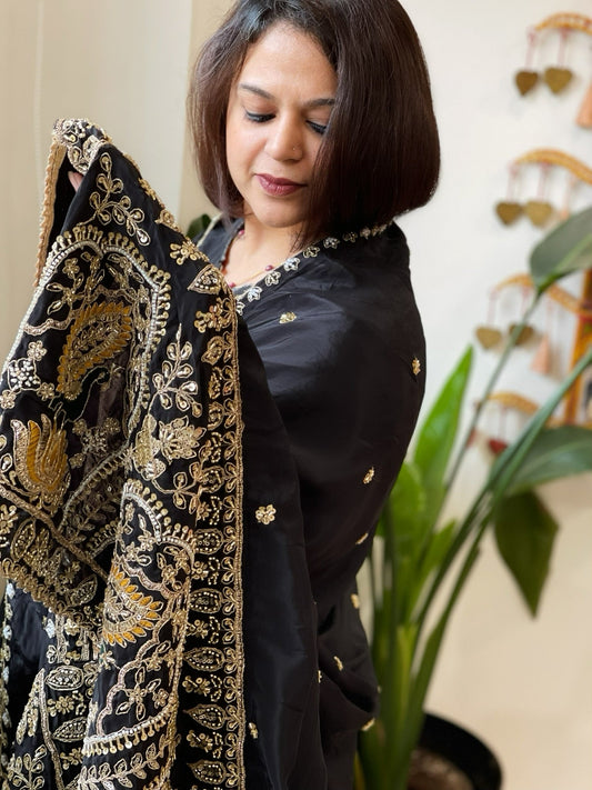 Black Crepe Dupatta with Pearl, Cut Daana, Gold Thread & Sequin Embroidery - Masakalee
