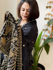 Black Crepe Dupatta with Pearl, Cut Daana, Gold Thread & Sequin Embroidery - Masakalee
