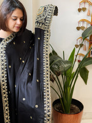 Black Crepe Dupatta with Pearl, Cut Daana, Gold Thread & Sequin Embroidery - Masakalee
