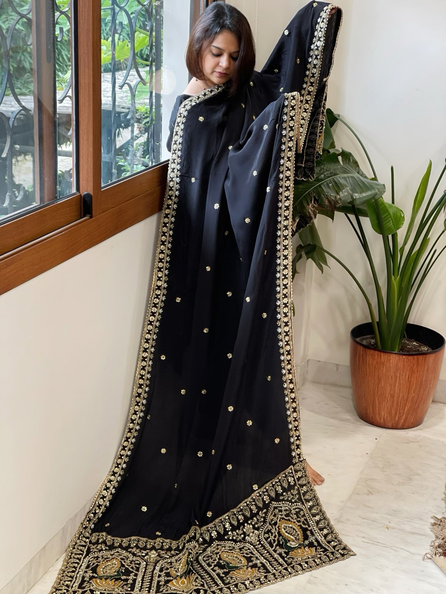 Black Crepe Dupatta with Pearl, Cut Daana, Gold Thread & Sequin Embroidery - Masakalee