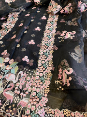 Black Dupatta Set (Kurta+Dupatta) with Thread Embroidery in Pure Organza - Masakalee