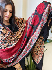 Black Handblock Printed Ajrakh Dupatta with Kantha Stitch Hand Embroidery - Masakalee