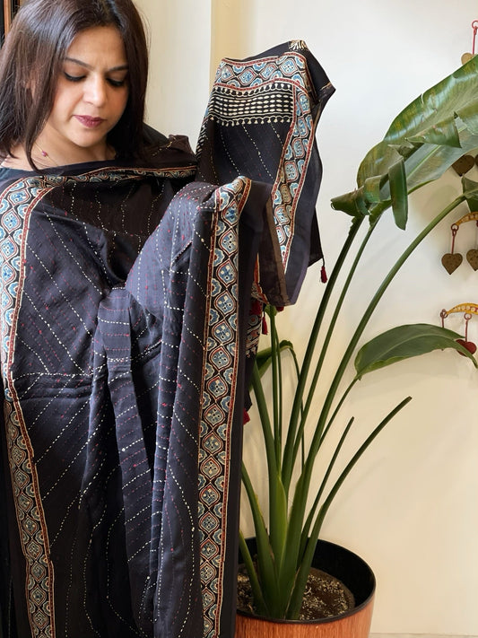 Black Handblock Printed Ajrakh Dupatta with Kantha Stitch Hand Embroidery - Masakalee