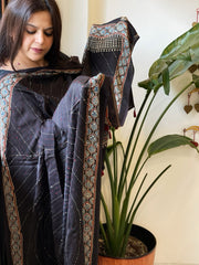 Black Handblock Printed Ajrakh Dupatta with Kantha Stitch Hand Embroidery - Masakalee