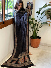 Black Handblock Printed Ajrakh Dupatta with Kantha Stitch Hand Embroidery - Masakalee