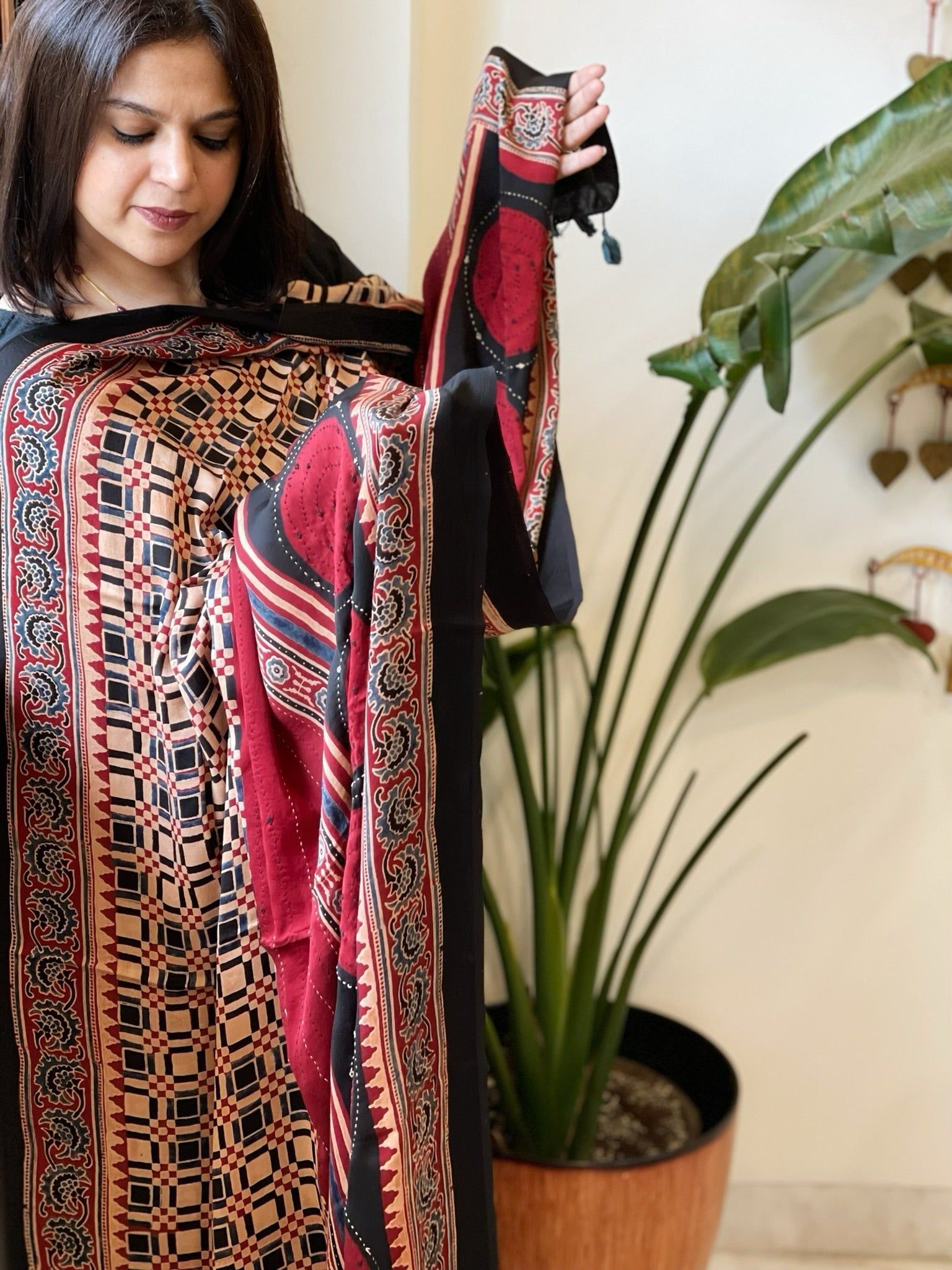 Black Handblock Printed Ajrakh Dupatta with Kantha Stitch Hand Embroidery - Masakalee