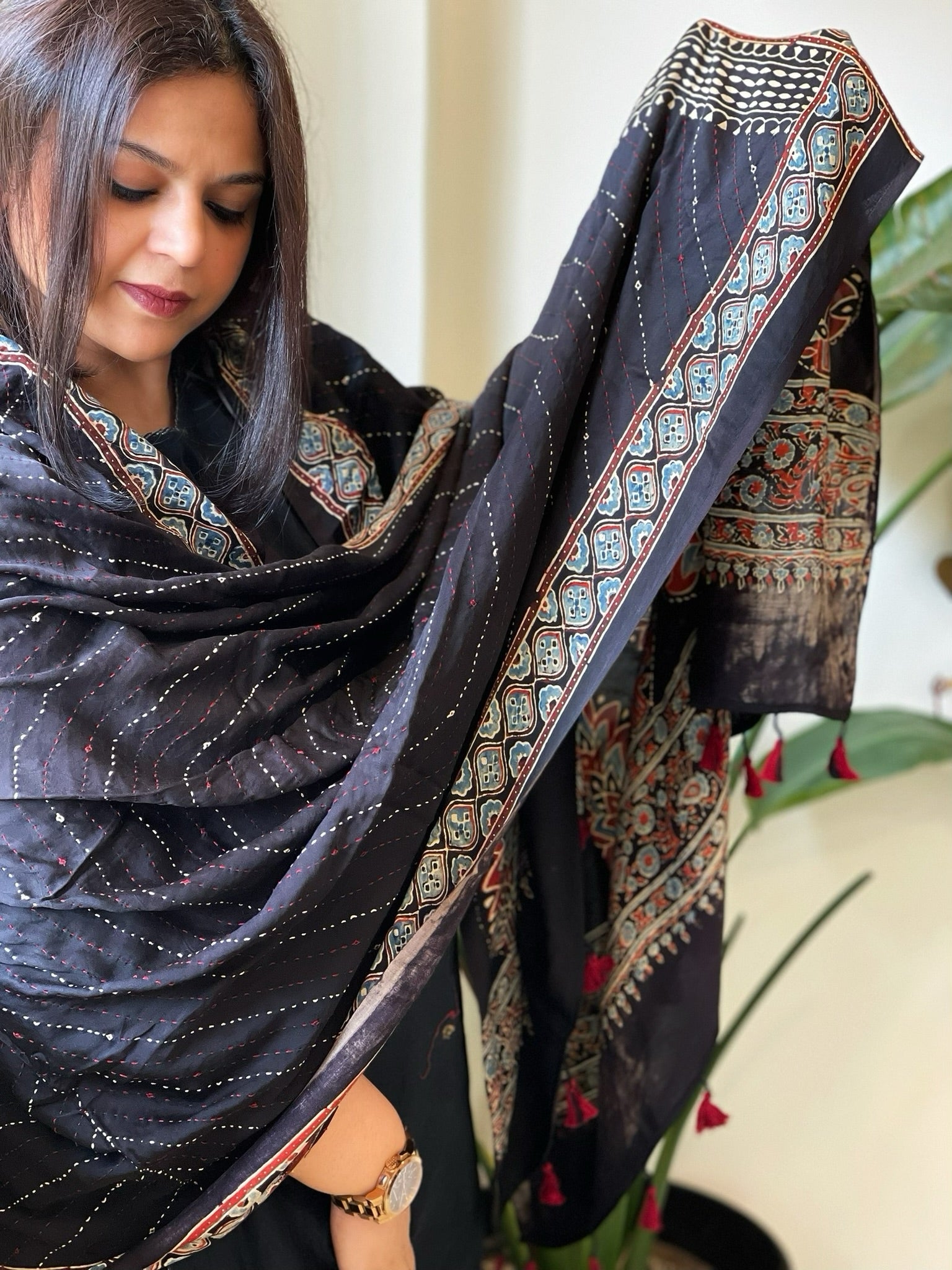 Black Handblock Printed Ajrakh Dupatta with Kantha Stitch Hand Embroidery - Masakalee
