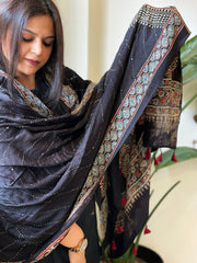 Black Handblock Printed Ajrakh Dupatta with Kantha Stitch Hand Embroidery - Masakalee