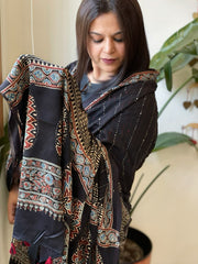 Black Handblock Printed Ajrakh Dupatta with Kantha Stitch Hand Embroidery - Masakalee