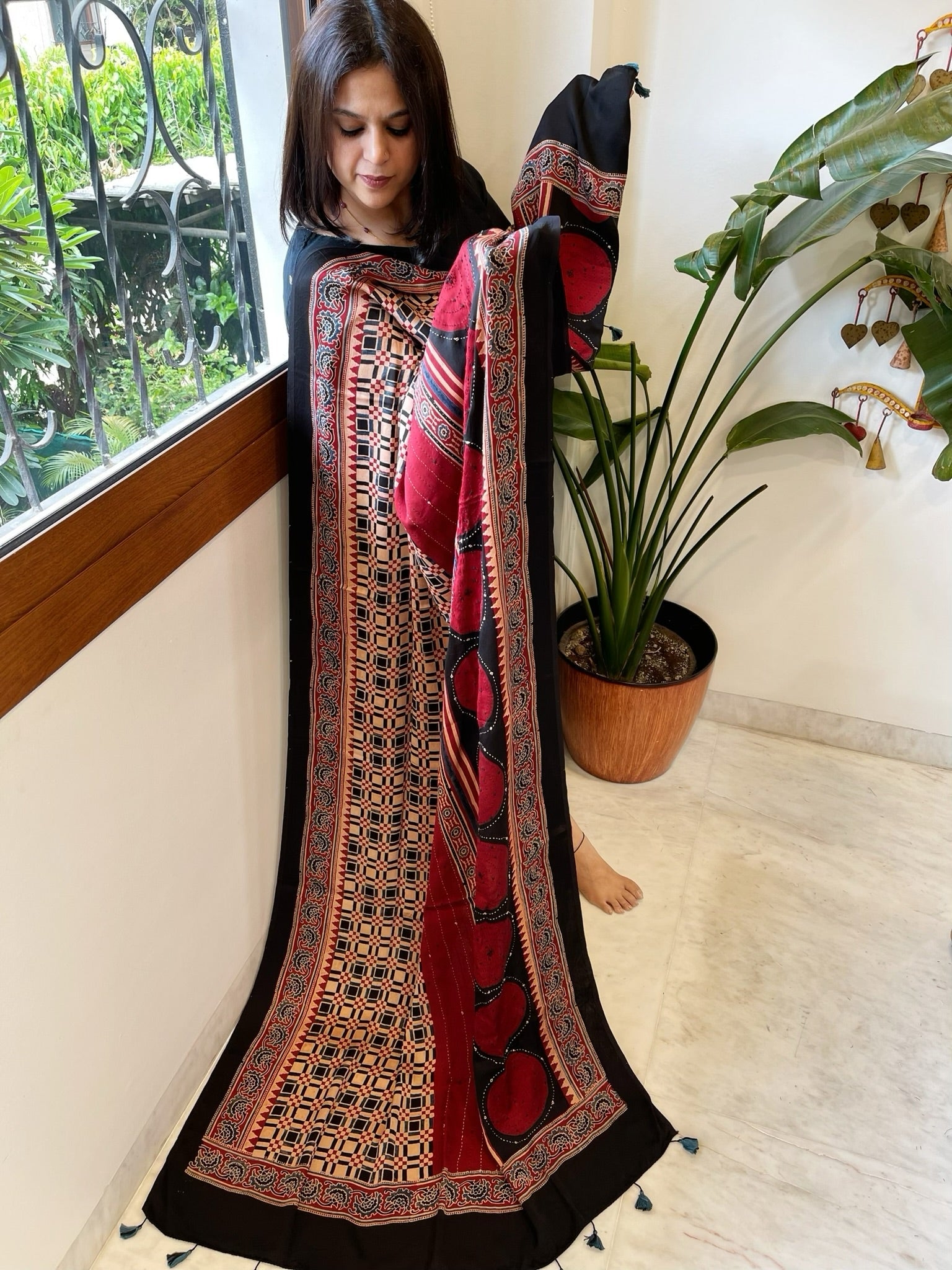 Black Handblock Printed Ajrakh Dupatta with Kantha Stitch Hand Embroidery - Masakalee