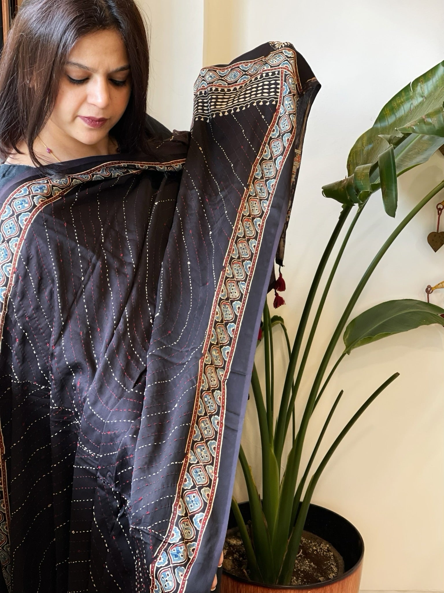 Black Handblock Printed Ajrakh Dupatta with Kantha Stitch Hand Embroidery - Masakalee