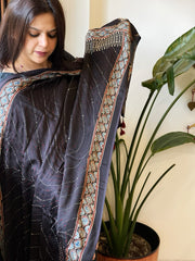 Black Handblock Printed Ajrakh Dupatta with Kantha Stitch Hand Embroidery - Masakalee