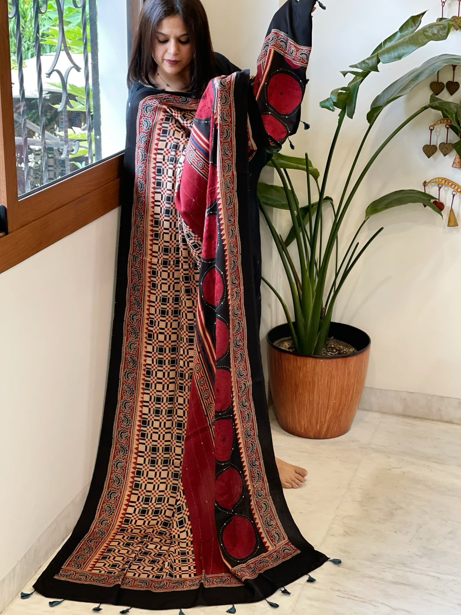 Black Handblock Printed Ajrakh Dupatta with Kantha Stitch Hand Embroidery - Masakalee