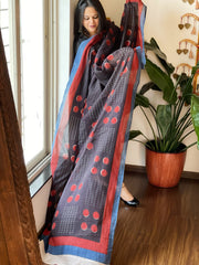 Black Handblock printed dupatta in Mul Cotton - Masakalee