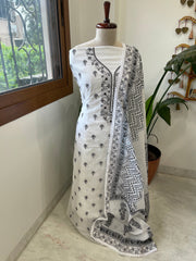 Black Handblock Printed Embroidered Suit Set in Kota Cotton - Masakalee