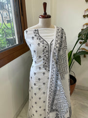 Black Handblock Printed Embroidered Suit Set in Kota Cotton - Masakalee